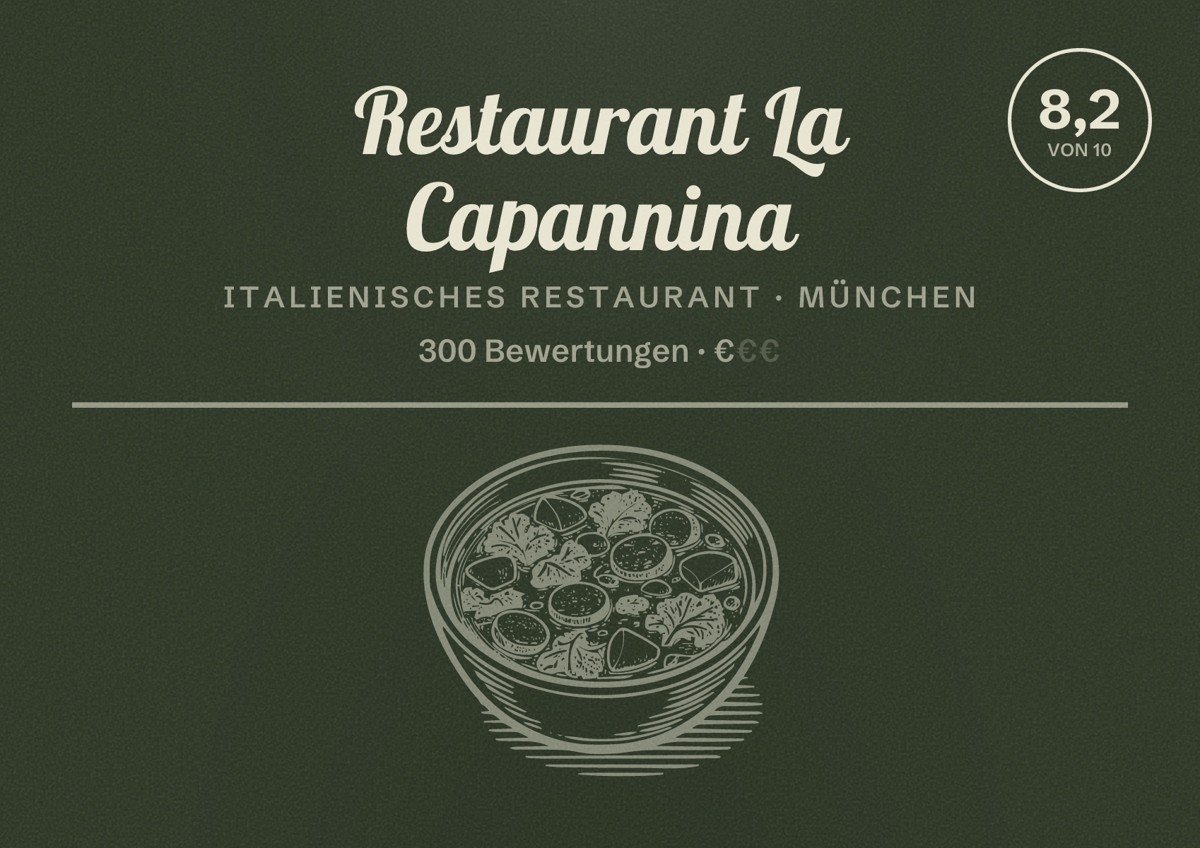 Illustriertes Poster von Restaurant La Capannina, Italienisches Restaurant in München: Bewertung 8,2 von 10 aus 300 Bewertungen, Preisniveau €