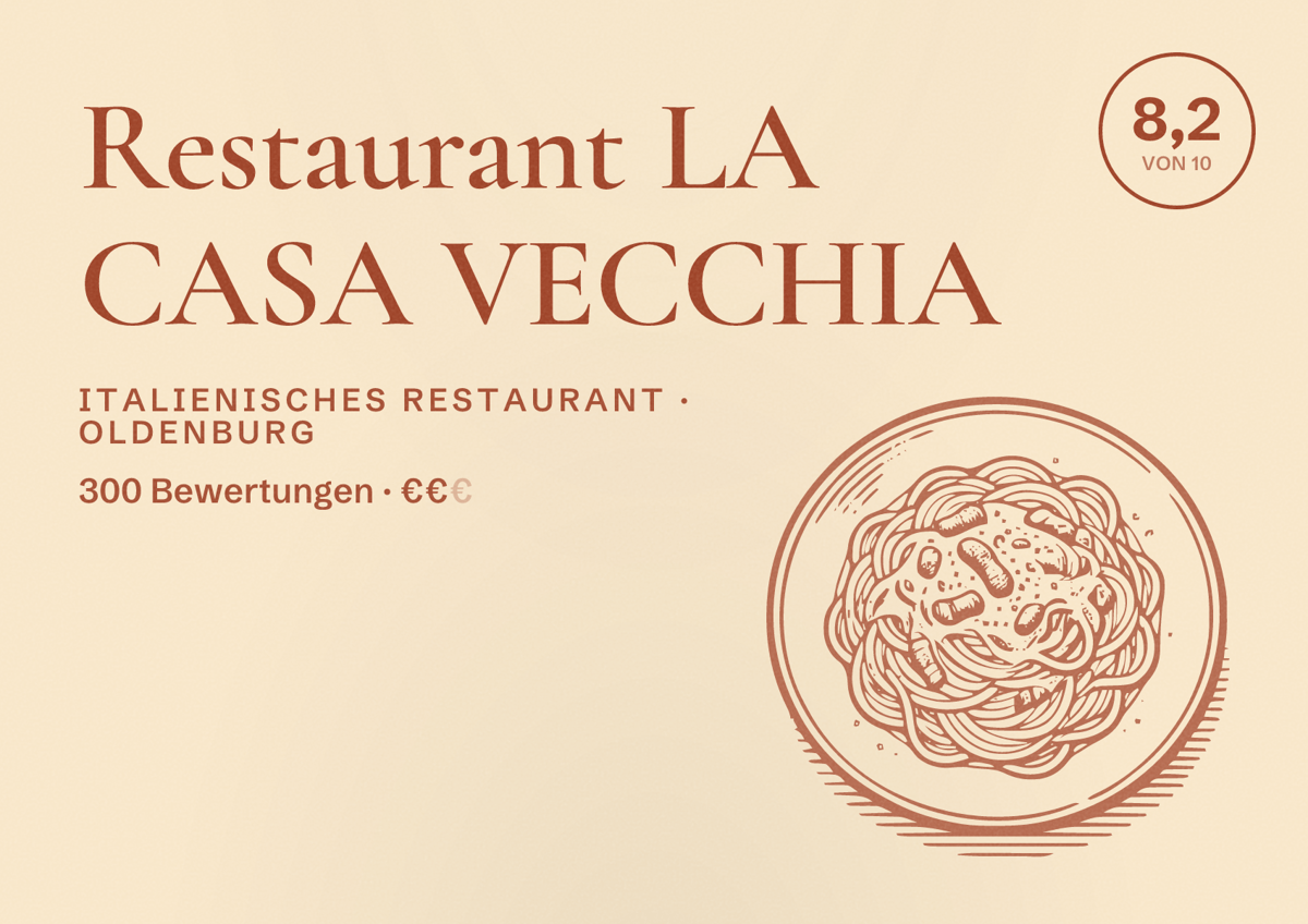 Illustriertes Poster von Restaurant LA CASA VECCHIA, Italienisches Restaurant in Oldenburg: Bewertung 8,2 von 10 aus 300 Bewertungen, Preisniveau €€