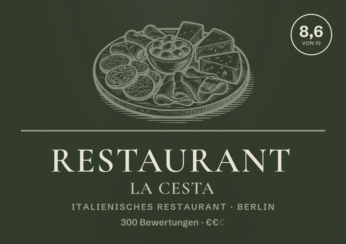 Illustriertes Poster von Restaurant La Cesta, Italienisches Restaurant in Berlin: Bewertung 8,6 von 10 aus 300 Bewertungen, Preisniveau €€