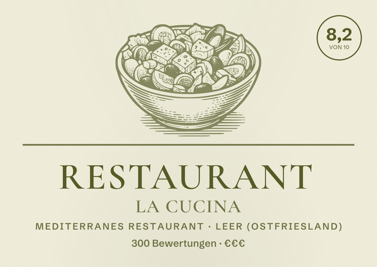 Illustriertes Poster von Restaurant La Cucina, Mediterranes Restaurant in Leer (Ostfriesland): Bewertung 8,2 von 10 aus 300 Bewertungen, Preisniveau €€€