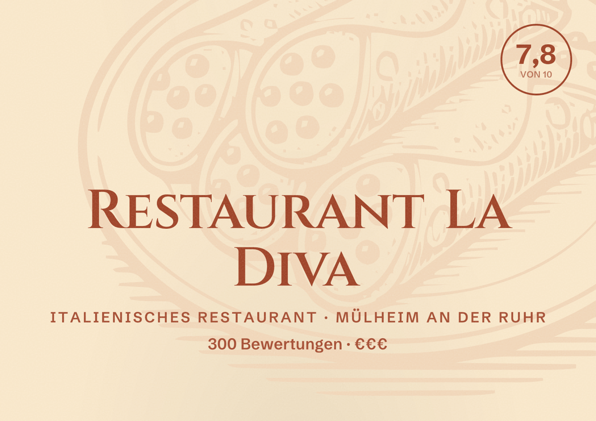 Illustriertes Poster von Restaurant La Diva, Italienisches Restaurant in Mülheim an der Ruhr: Bewertung 7,8 von 10 aus 300 Bewertungen, Preisniveau €€€