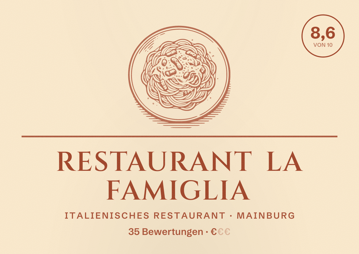 Illustriertes Poster von Restaurant La Famiglia, Italienisches Restaurant in Mainburg: Bewertung 8,6 von 10 aus 35 Bewertungen, Preisniveau €