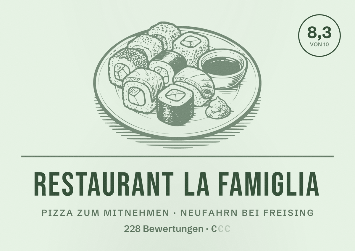 Illustriertes Poster von Restaurant La Famiglia, Pizza zum Mitnehmen in Neufahrn bei Freising: Bewertung 8,3 von 10 aus 228 Bewertungen, Preisniveau €