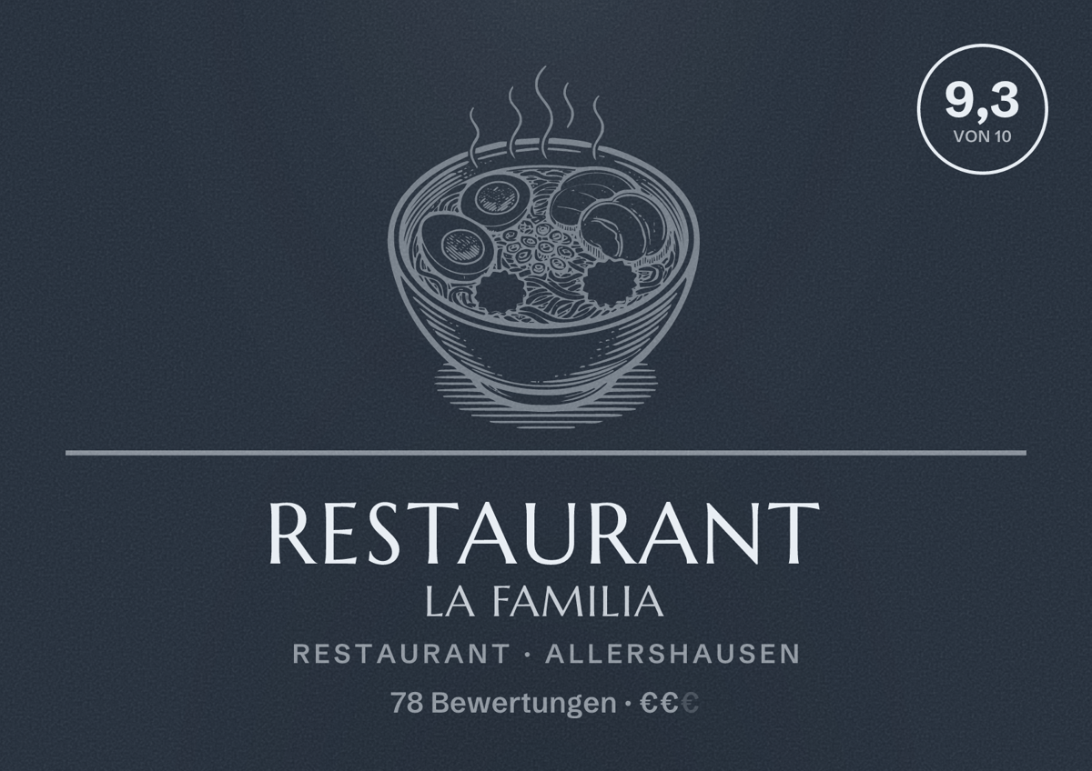 Illustriertes Poster von Restaurant La Familia, Restaurant in Allershausen: Bewertung 9,3 von 10 aus 78 Bewertungen, Preisniveau €€