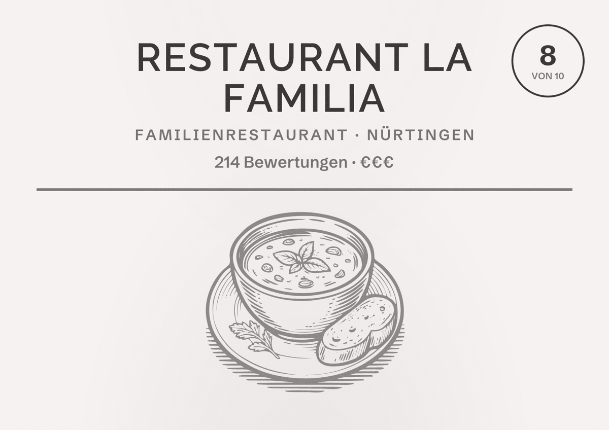 Illustriertes Poster von Restaurant La Familia, Familienrestaurant in Nürtingen: Bewertung 8 von 10 aus 214 Bewertungen, Preisniveau €€€