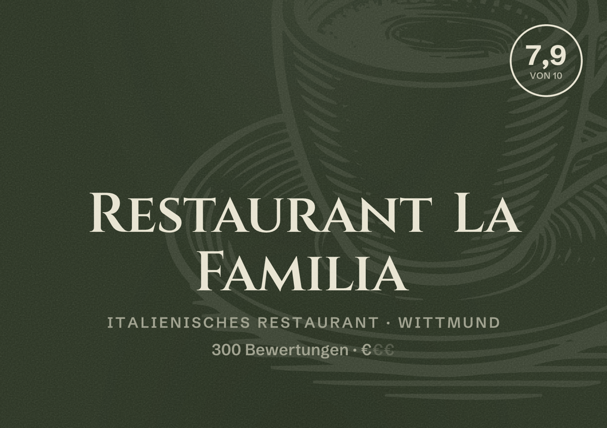 Illustriertes Poster von Restaurant La Familia, Italienisches Restaurant in Wittmund: Bewertung 7,9 von 10 aus 300 Bewertungen, Preisniveau €