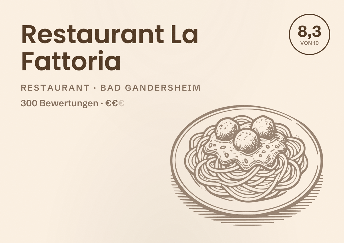 Illustriertes Poster von Restaurant La Fattoria, Restaurant in Bad Gandersheim: Bewertung 8,3 von 10 aus 300 Bewertungen, Preisniveau €€