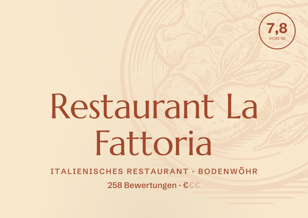 Illustriertes Poster von Restaurant La Fattoria, Italienisches Restaurant in Bodenwöhr: Bewertung 7,8 von 10 aus 258 Bewertungen, Preisniveau €