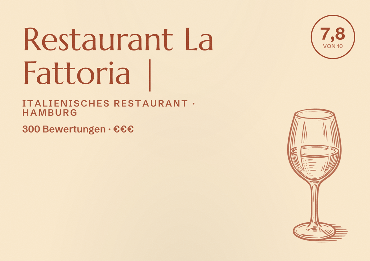 Illustriertes Poster von Restaurant La Fattoria |, Italienisches Restaurant in Hamburg: Bewertung 7,8 von 10 aus 300 Bewertungen, Preisniveau €€€