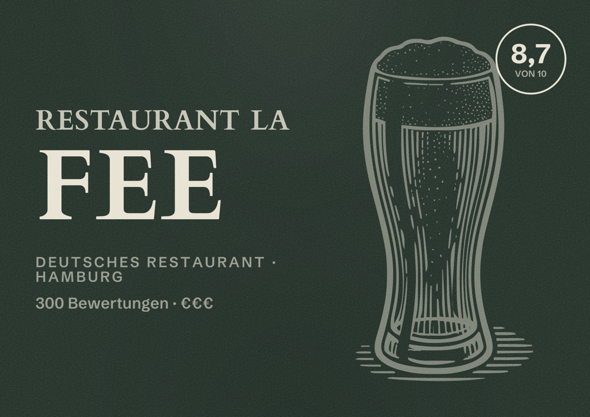 Illustriertes Poster von Restaurant La Fee, Deutsches Restaurant in Hamburg: Bewertung 8,7 von 10 aus 300 Bewertungen, Preisniveau €€€