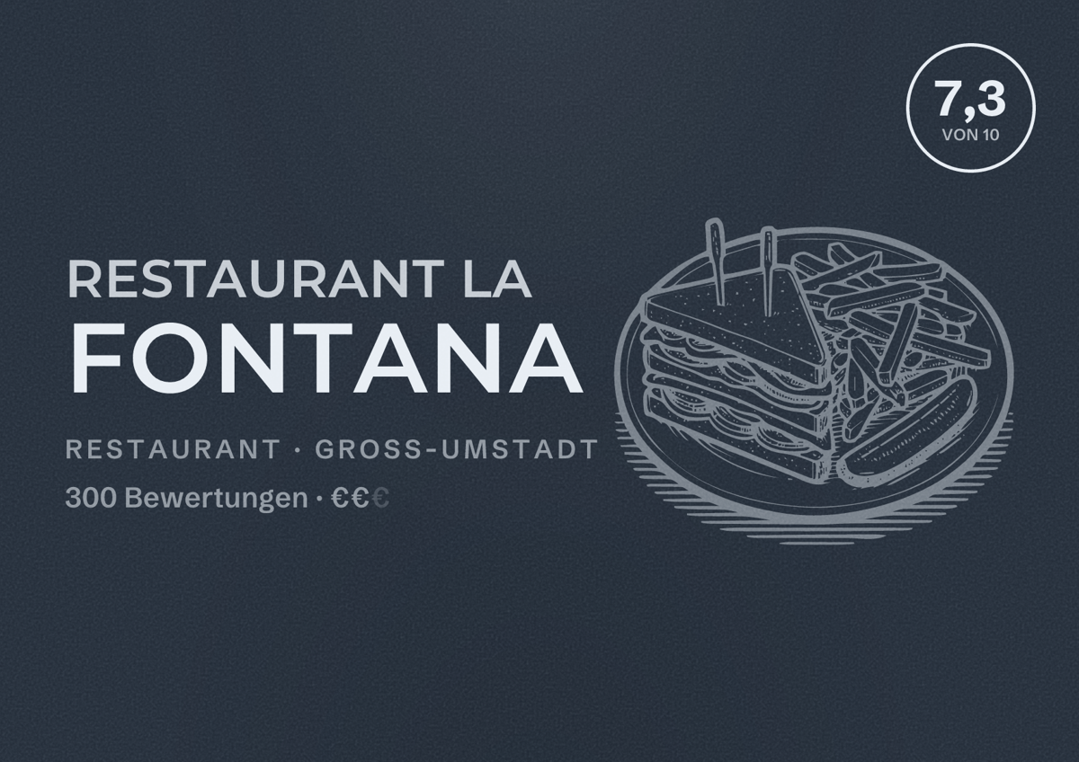 Illustriertes Poster von Restaurant La Fontana, Restaurant in Groß-Umstadt: Bewertung 7,3 von 10 aus 300 Bewertungen, Preisniveau €€
