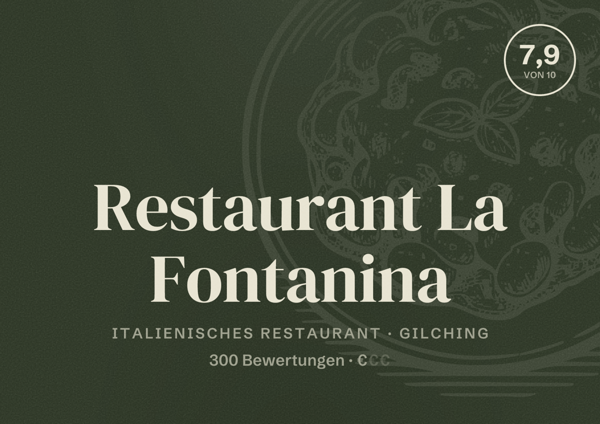 Illustriertes Poster von Restaurant La Fontanina, Italienisches Restaurant in Gilching: Bewertung 7,9 von 10 aus 300 Bewertungen, Preisniveau €