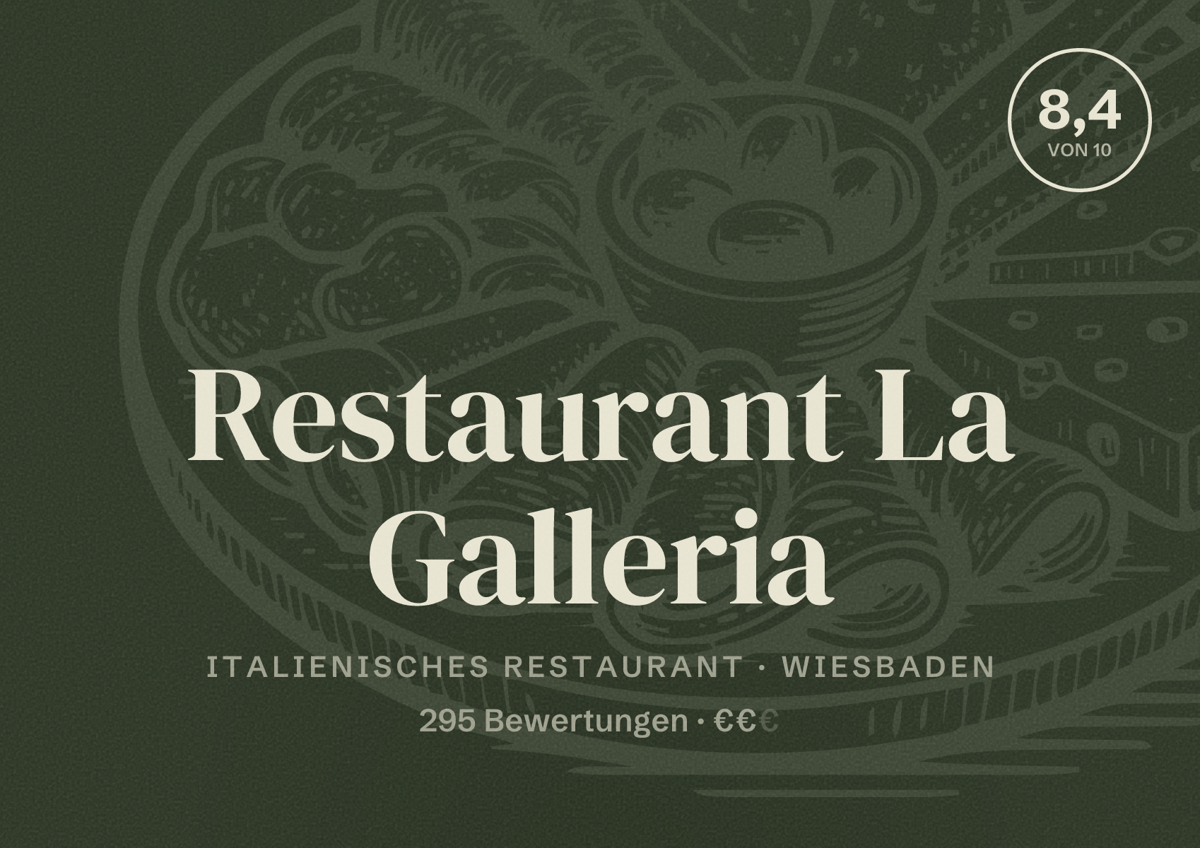 Illustriertes Poster von Restaurant La Galleria, Italienisches Restaurant in Wiesbaden: Bewertung 8,4 von 10 aus 295 Bewertungen, Preisniveau €€