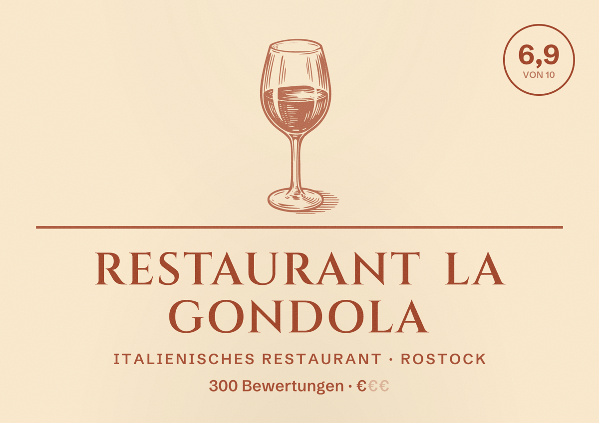 Illustriertes Poster von Restaurant La Gondola, Italienisches Restaurant in Rostock: Bewertung 6,9 von 10 aus 300 Bewertungen, Preisniveau €