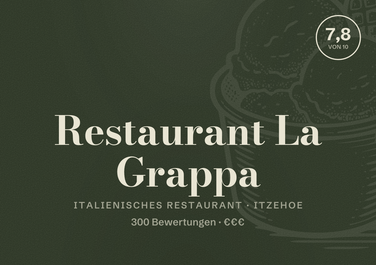 Illustriertes Poster von Restaurant La Grappa, Italienisches Restaurant in Itzehoe: Bewertung 7,8 von 10 aus 300 Bewertungen, Preisniveau €€€