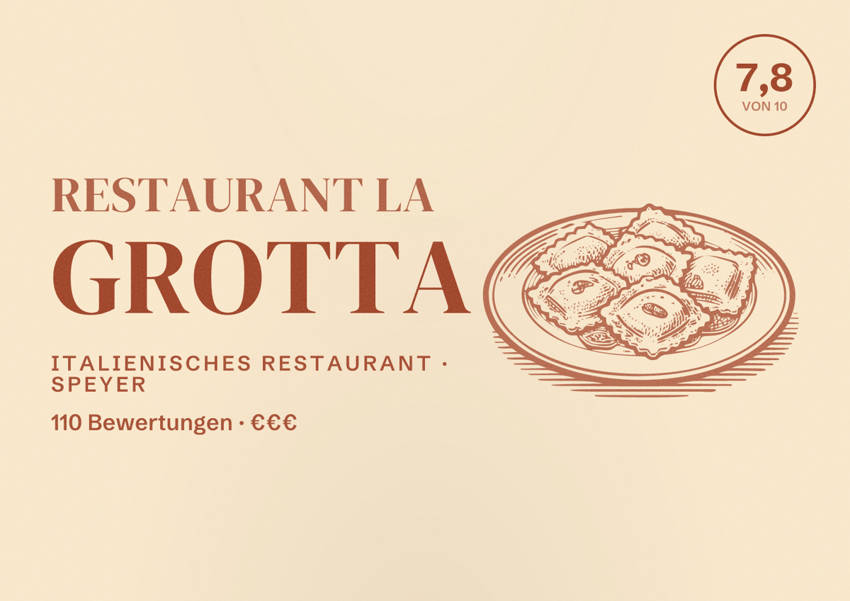 Illustriertes Poster von Restaurant La Grotta, Italienisches Restaurant in Speyer: Bewertung 7,8 von 10 aus 110 Bewertungen, Preisniveau €€€
