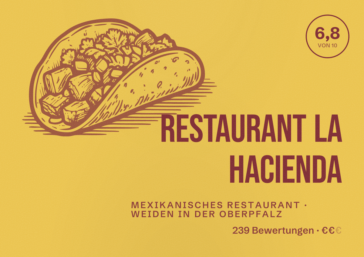 Illustriertes Poster von Restaurant La Hacienda, Mexikanisches Restaurant in Weiden in der Oberpfalz: Bewertung 6,8 von 10 aus 239 Bewertungen, Preisniveau €€