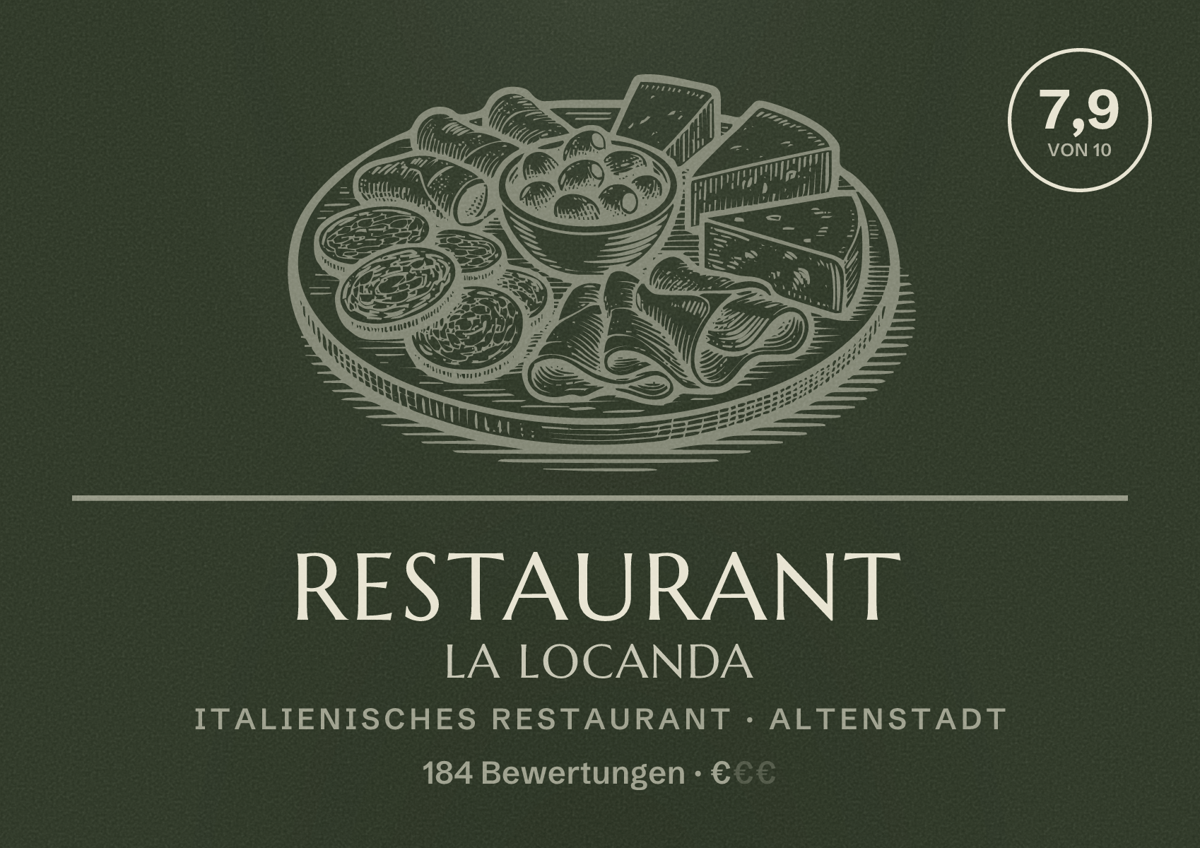 Illustriertes Poster von Restaurant La Locanda, Italienisches Restaurant in Altenstadt: Bewertung 7,9 von 10 aus 184 Bewertungen, Preisniveau €