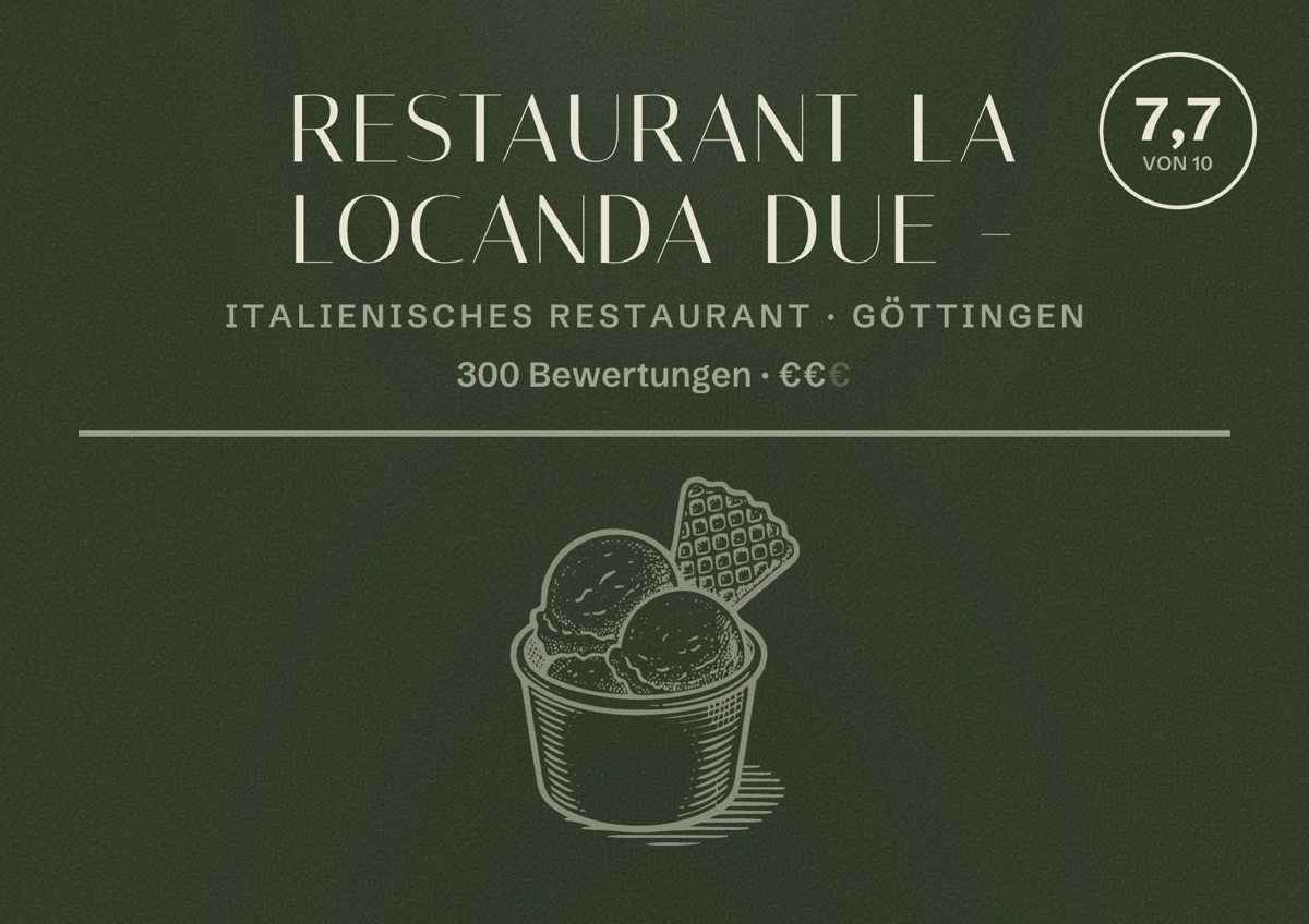 Illustriertes Poster von Restaurant La Locanda DUE -, Italienisches Restaurant in Göttingen: Bewertung 7,7 von 10 aus 300 Bewertungen, Preisniveau €€