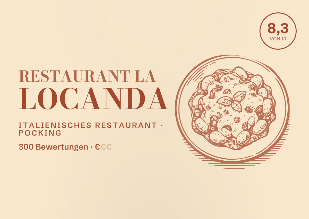 Illustriertes Poster von Restaurant La Locanda, Italienisches Restaurant in Pocking: Bewertung 8,3 von 10 aus 300 Bewertungen, Preisniveau €