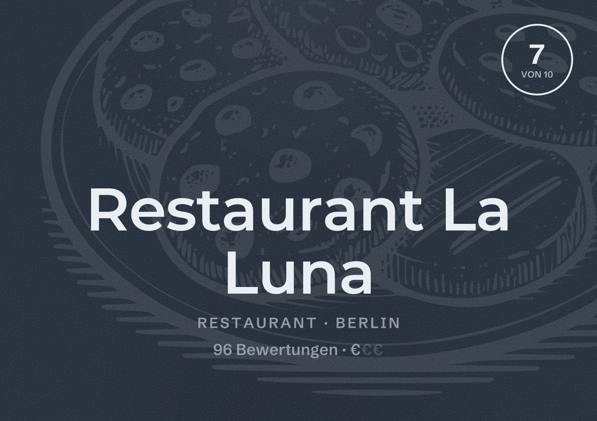 Illustriertes Poster von Restaurant La Luna, Restaurant in Berlin: Bewertung 7,0 von 10 aus 96 Bewertungen, Preisniveau €