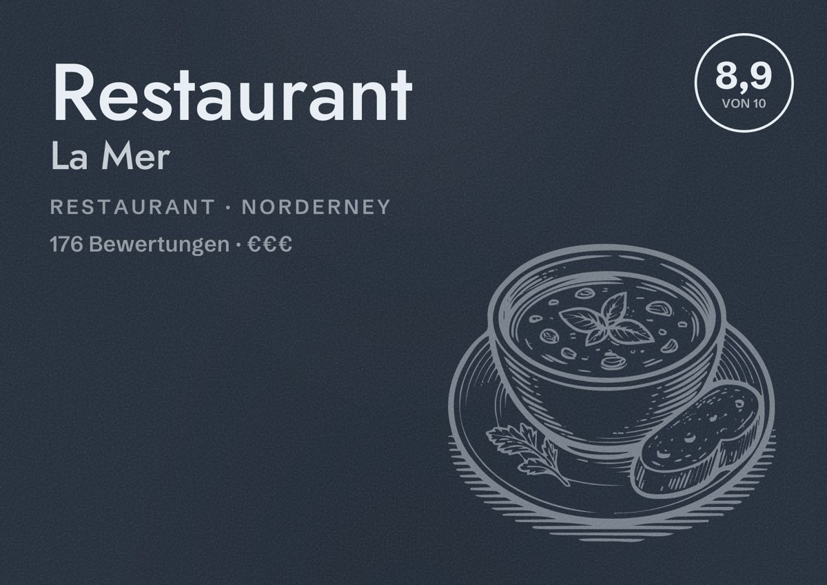Illustriertes Poster von Restaurant La Mer, Restaurant in Norderney: Bewertung 8,9 von 10 aus 176 Bewertungen, Preisniveau €€€