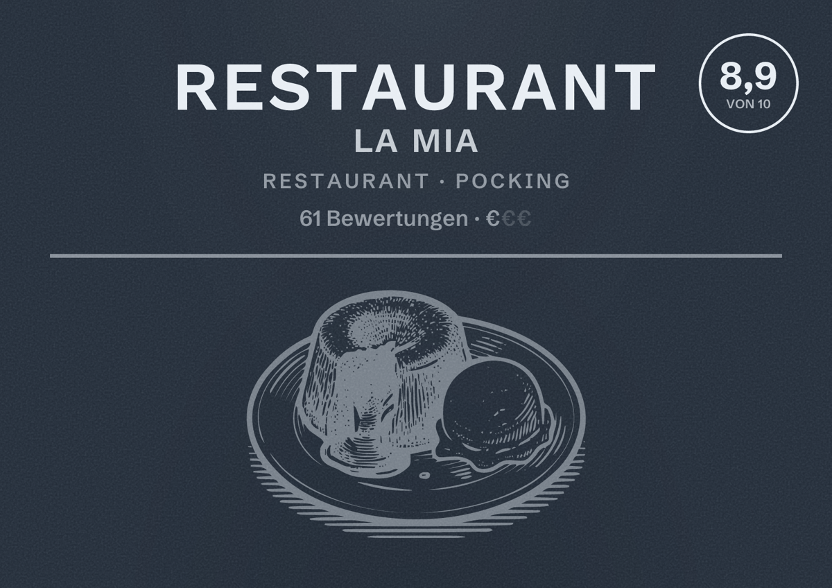 Illustriertes Poster von Restaurant La Mia, Restaurant in Pocking: Bewertung 8,9 von 10 aus 61 Bewertungen, Preisniveau €