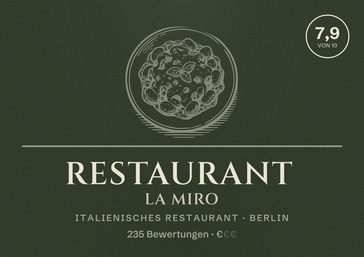 Illustriertes Poster von Restaurant La Miro, Italienisches Restaurant in Berlin: Bewertung 7,9 von 10 aus 235 Bewertungen, Preisniveau €