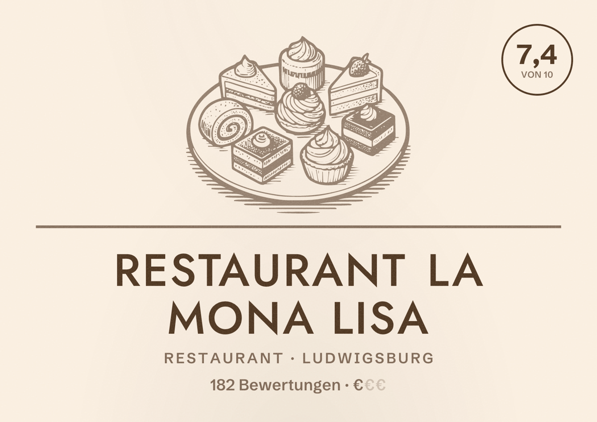 Illustriertes Poster von Restaurant La Mona Lisa, Restaurant in Ludwigsburg: Bewertung 7,4 von 10 aus 182 Bewertungen, Preisniveau €
