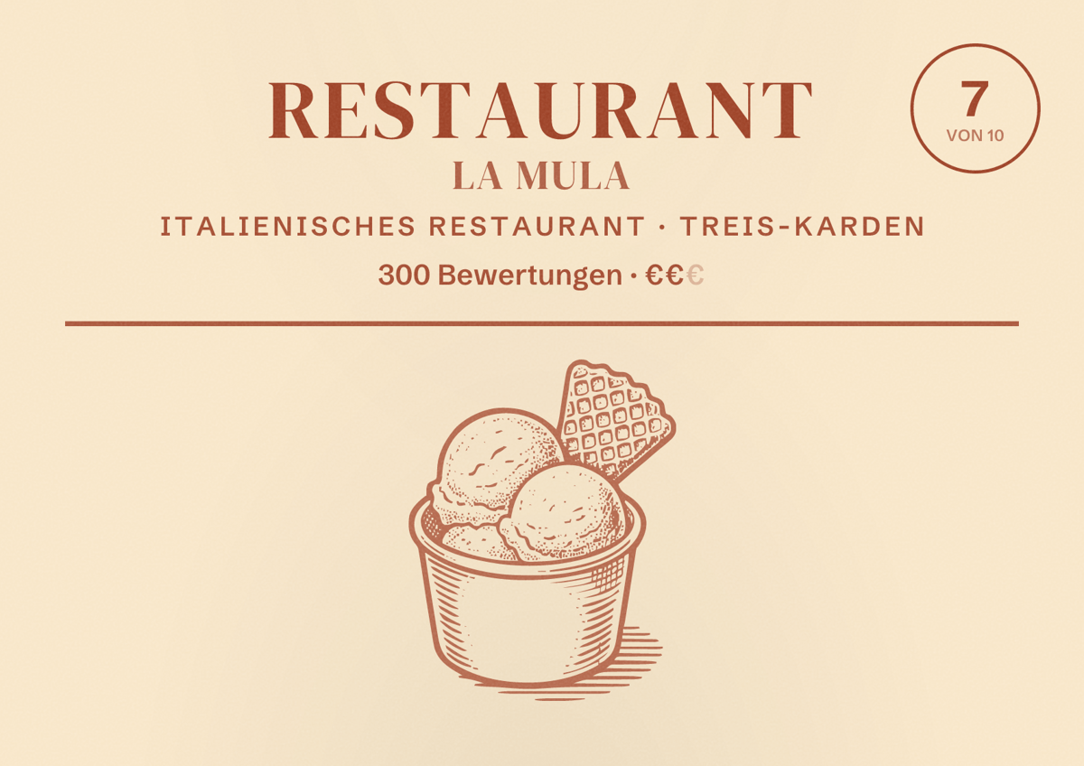 Illustriertes Poster von Restaurant La Mula, Italienisches Restaurant in Treis-Karden: Bewertung 7 von 10 aus 300 Bewertungen, Preisniveau €€