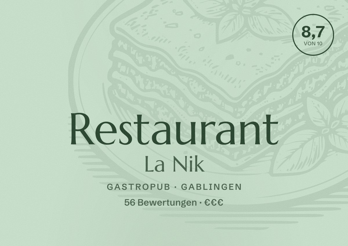 Illustriertes Poster von Restaurant La Nik, Gastropub in Gablingen: Bewertung 8,7 von 10 aus 56 Bewertungen, Preisniveau €€€