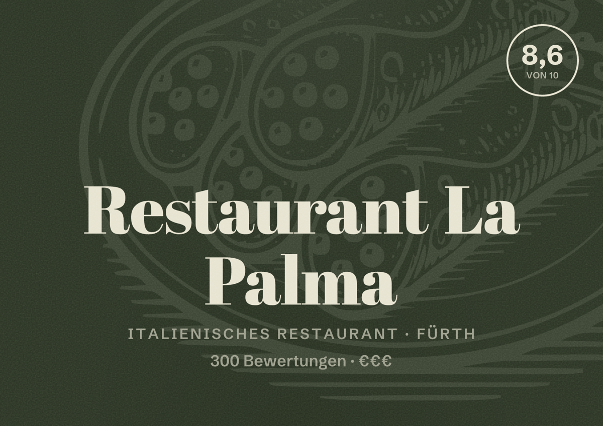 Illustriertes Poster von Restaurant La Palma, Italienisches Restaurant in Fürth: Bewertung 8,6 von 10 aus 300 Bewertungen, Preisniveau €€€
