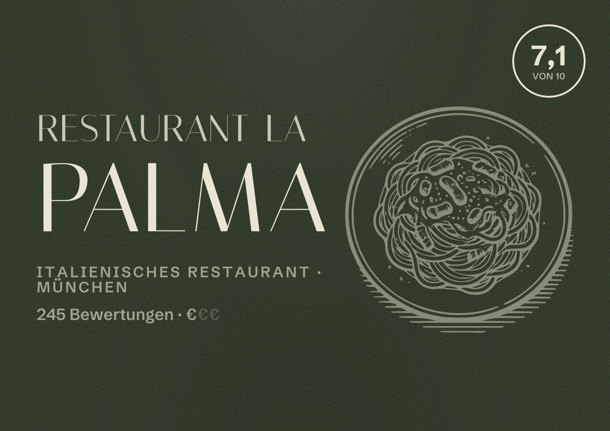 Illustriertes Poster von Restaurant La Palma, Italienisches Restaurant in München: Bewertung 7,1 von 10 aus 245 Bewertungen, Preisniveau €