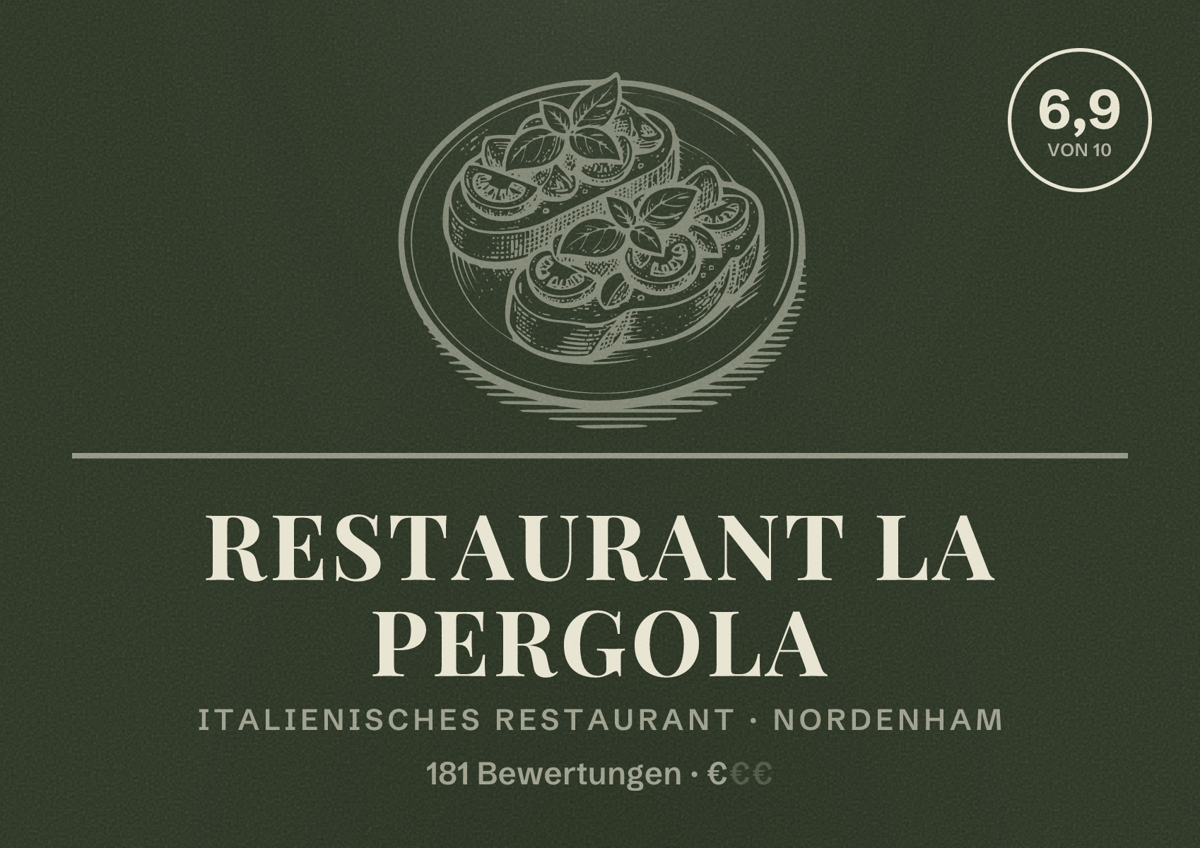 Illustriertes Poster von Restaurant La Pergola, Italienisches Restaurant in Nordenham: Bewertung 6,9 von 10 aus 181 Bewertungen, Preisniveau €