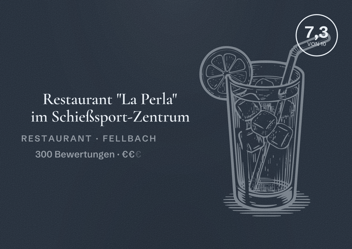 Illustriertes Poster von Restaurant "La Perla" im Schießsport-Zentrum, Restaurant in Fellbach: Bewertung 7,3 von 10 aus 300 Bewertungen, Preisniveau €€