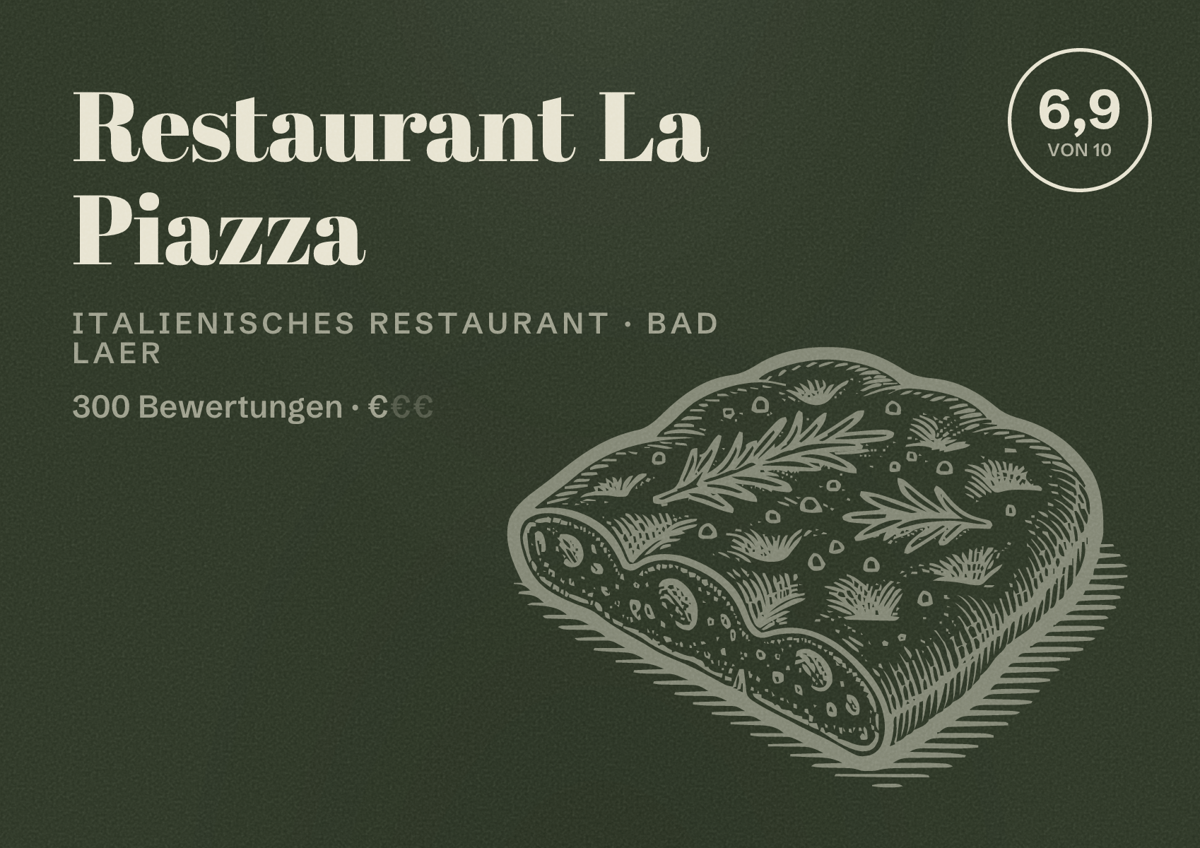 Illustriertes Poster von Restaurant La Piazza, Italienisches Restaurant in Bad Laer: Bewertung 6,9 von 10 aus 300 Bewertungen, Preisniveau €