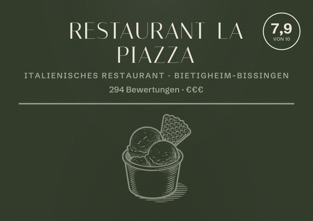 Illustriertes Poster von Restaurant La Piazza, Italienisches Restaurant in Bietigheim-Bissingen: Bewertung 7,9 von 10 aus 294 Bewertungen, Preisniveau €€€