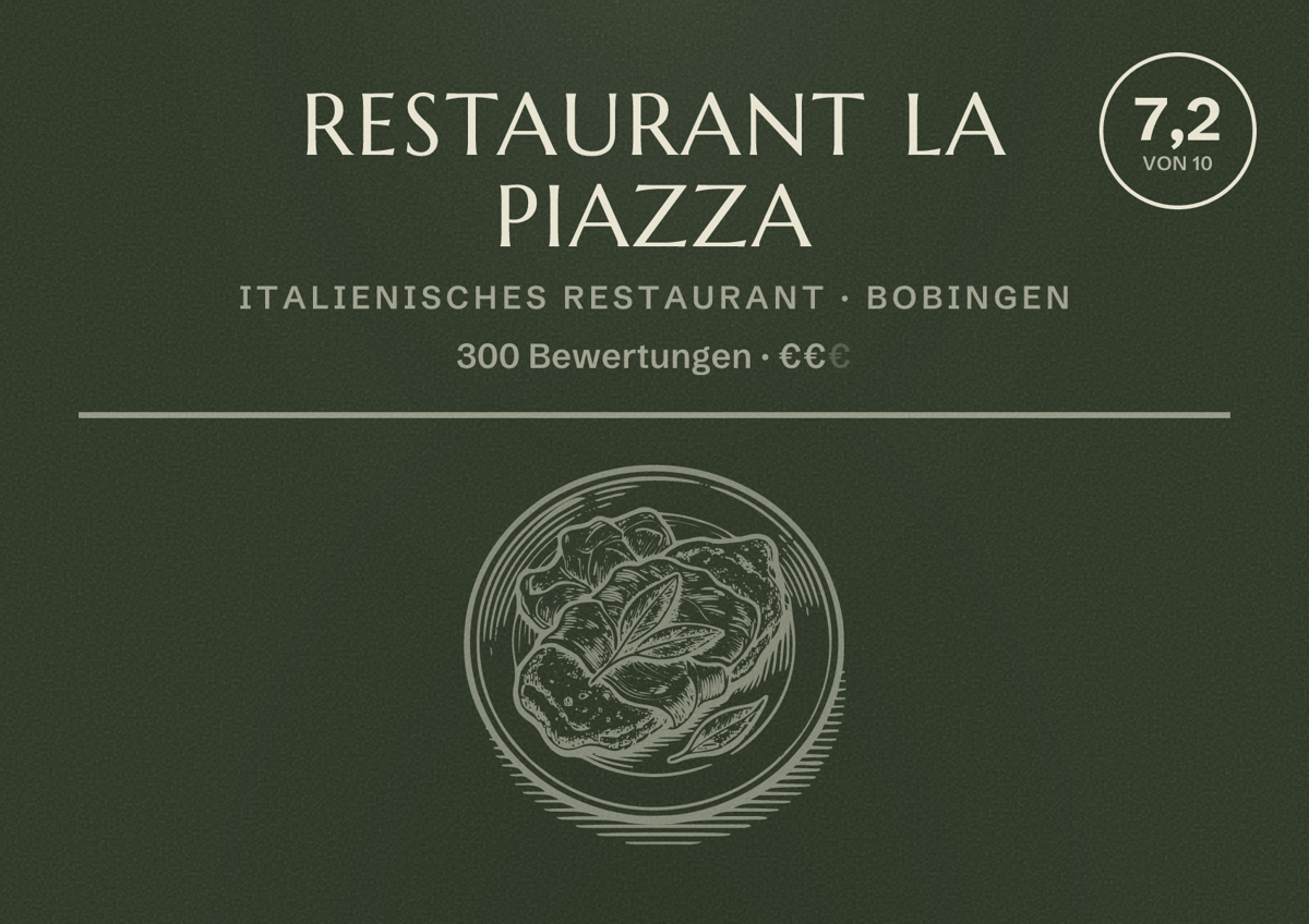 Illustriertes Poster von Restaurant La Piazza, Italienisches Restaurant in Bobingen: Bewertung 7,2 von 10 aus 300 Bewertungen, Preisniveau €€