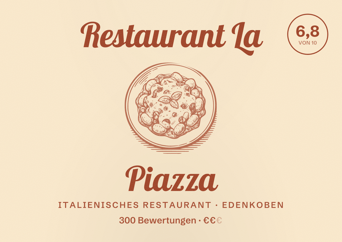 Illustriertes Poster von Restaurant La Piazza, Italienisches Restaurant in Edenkoben: Bewertung 6,8 von 10 aus 300 Bewertungen, Preisniveau €€