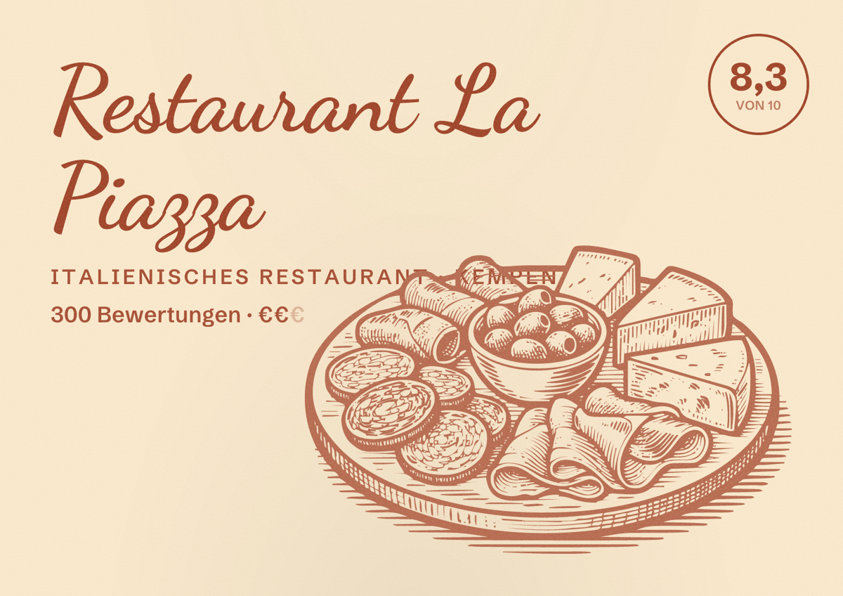 Illustriertes Poster von Restaurant La Piazza, Italienisches Restaurant in Kempen: Bewertung 8,3 von 10 aus 300 Bewertungen, Preisniveau €€