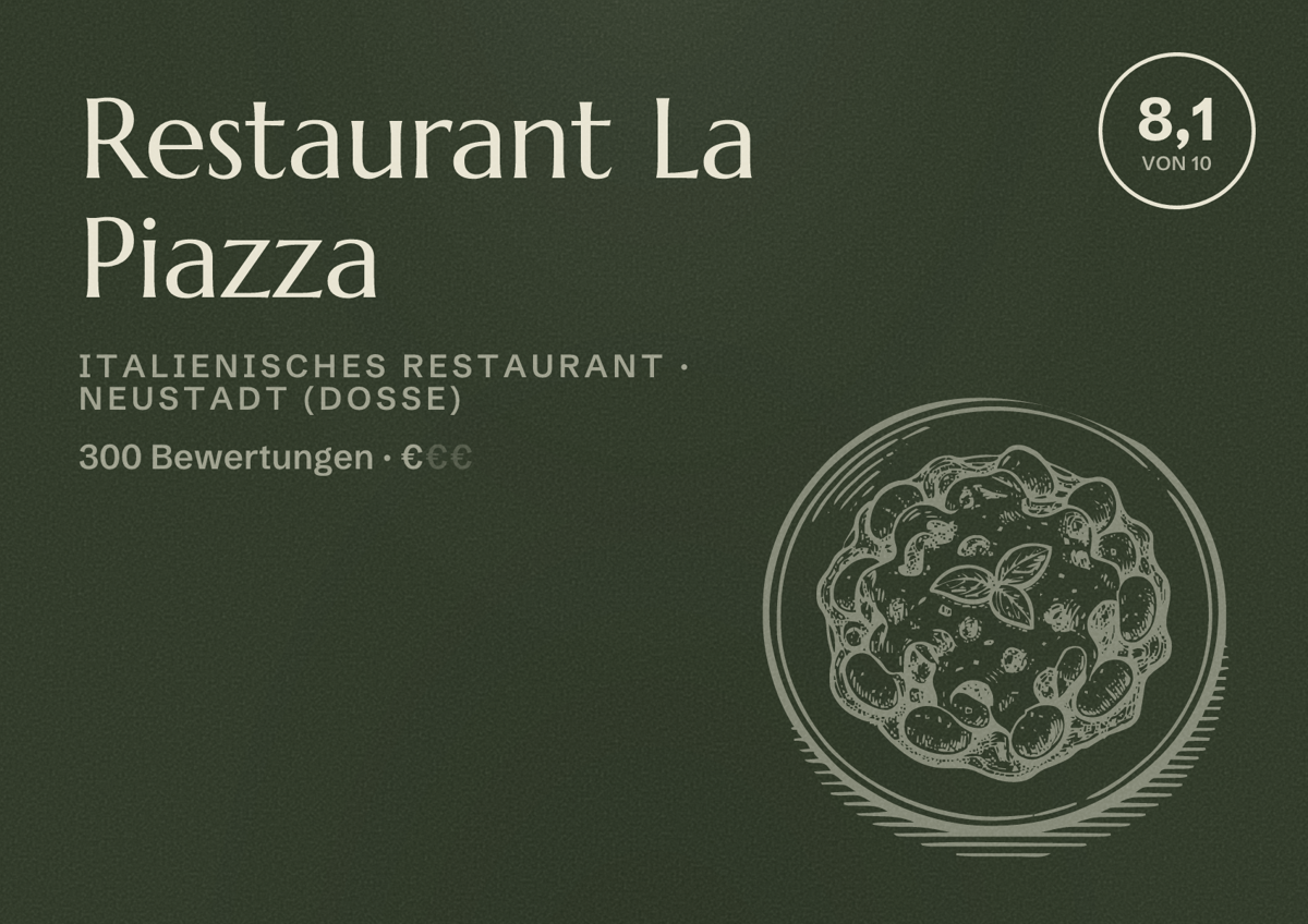 Illustriertes Poster von Restaurant La Piazza, Italienisches Restaurant in Neustadt (Dosse): Bewertung 8,1 von 10 aus 300 Bewertungen, Preisniveau €