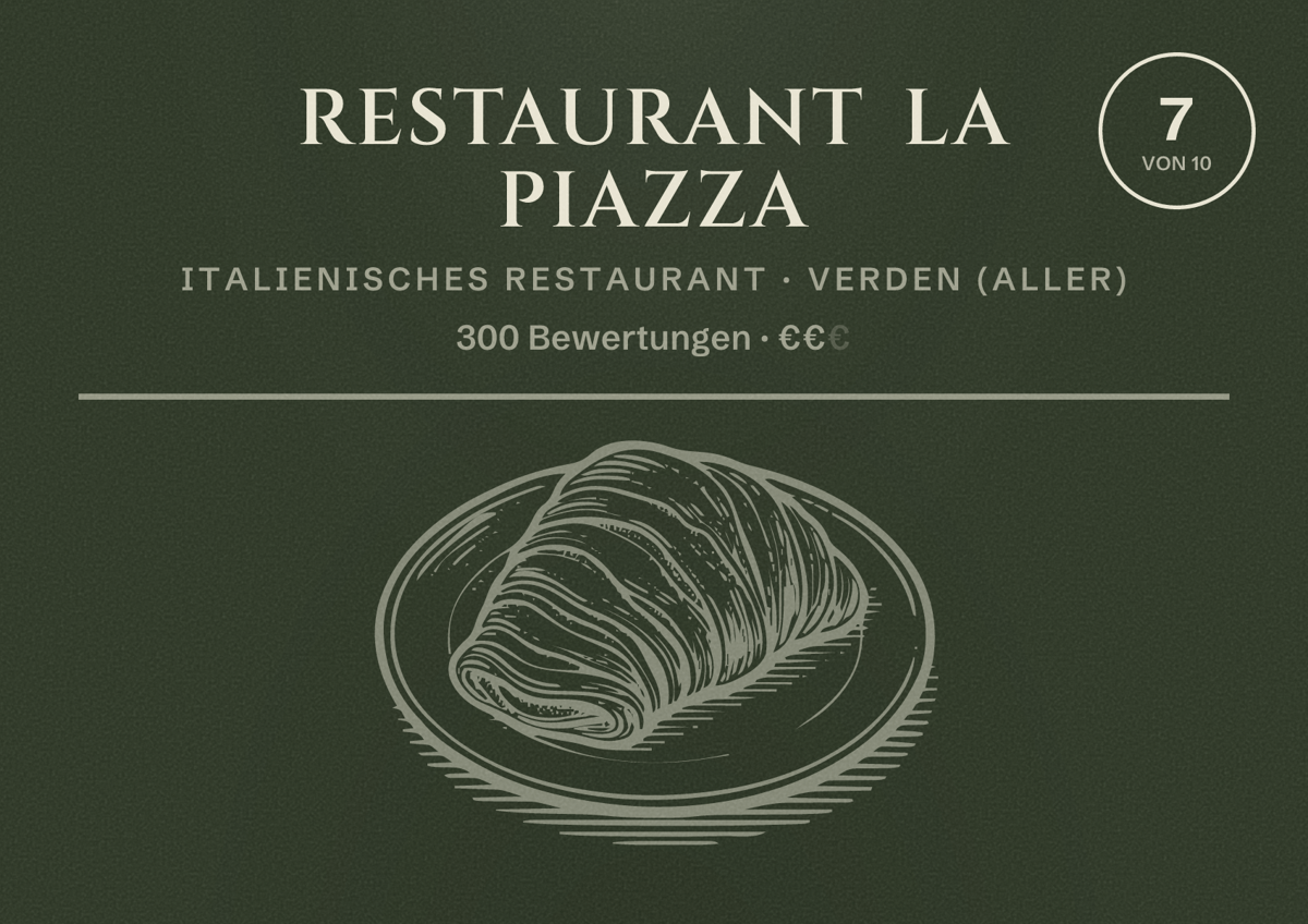 Illustriertes Poster von Restaurant La Piazza, Italienisches Restaurant in Verden (Aller): Bewertung 7 von 10 aus 300 Bewertungen, Preisniveau €€