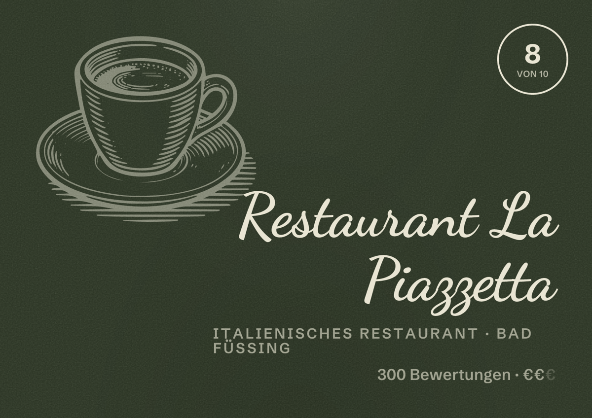 Illustriertes Poster von Restaurant La Piazzetta, Italienisches Restaurant in Bad Füssing: Bewertung 8 von 10 aus 300 Bewertungen, Preisniveau €€