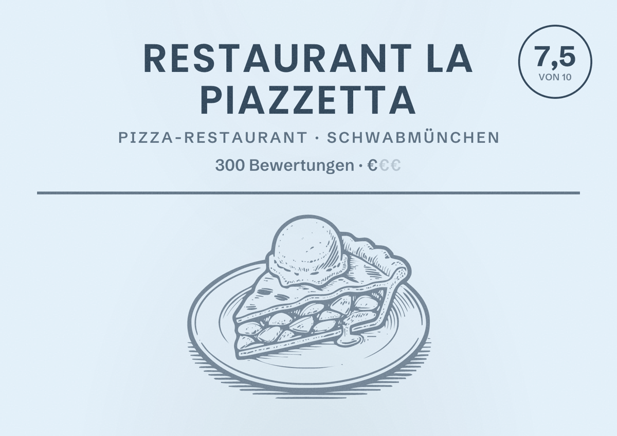 Illustriertes Poster von Restaurant La Piazzetta, Pizza-Restaurant in Schwabmünchen: Bewertung 7,5 von 10 aus 300 Bewertungen, Preisniveau €