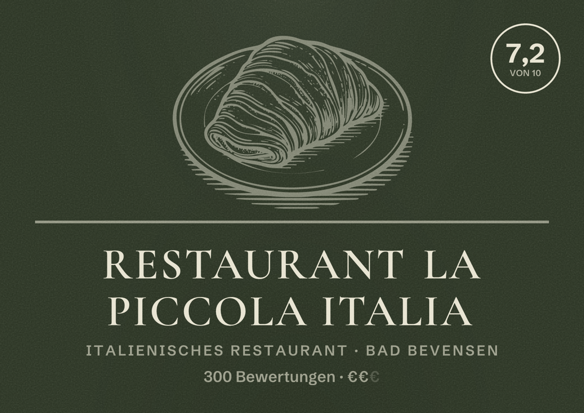 Illustriertes Poster von Restaurant La Piccola Italia, Italienisches Restaurant in Bad Bevensen: Bewertung 7,2 von 10 aus 300 Bewertungen, Preisniveau €€