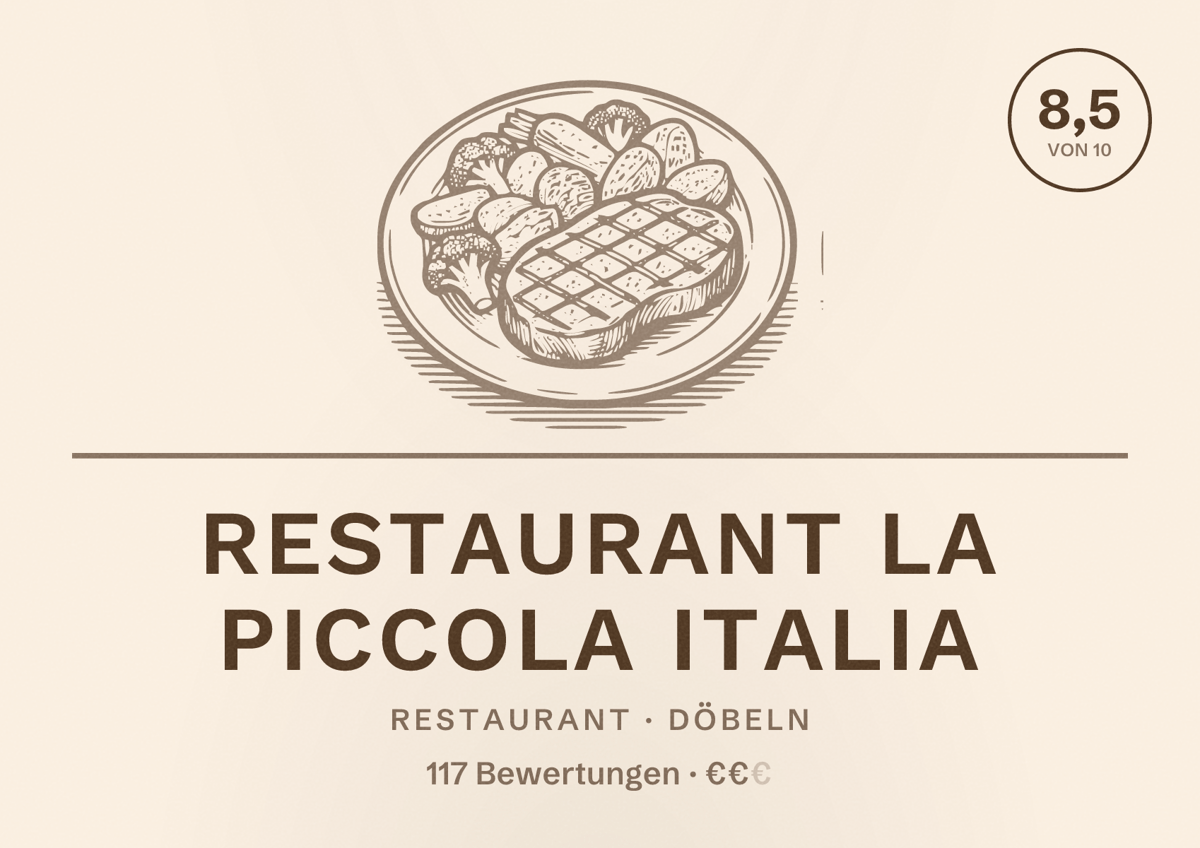 Illustriertes Poster von Restaurant La Piccola Italia, Restaurant in Döbeln: Bewertung 8,5 von 10 aus 117 Bewertungen, Preisniveau €€