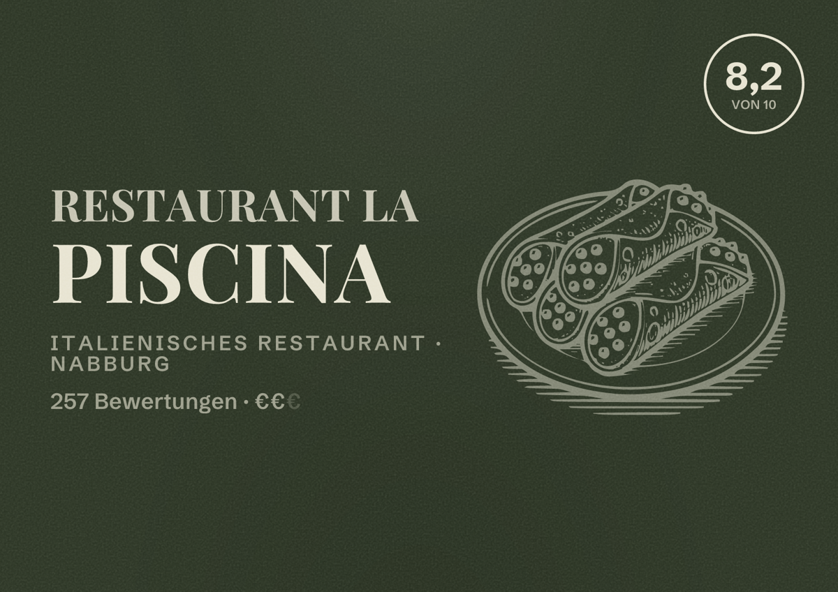 Illustriertes Poster von Restaurant La Piscina, Italienisches Restaurant in Nabburg: Bewertung 8,2 von 10 aus 257 Bewertungen, Preisniveau €€