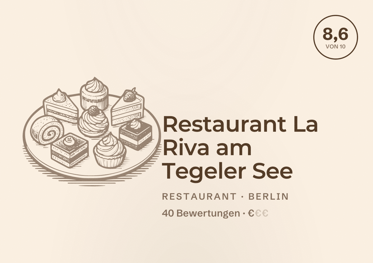 Illustriertes Poster von Restaurant La Riva am Tegeler See, Restaurant in Berlin: Bewertung 8,6 von 10 aus 40 Bewertungen, Preisniveau €