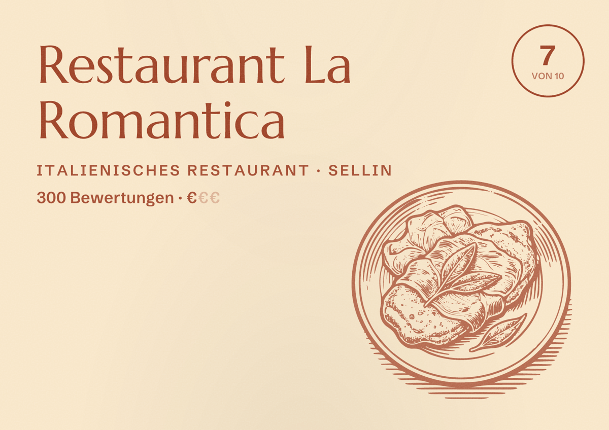 Illustriertes Poster von Restaurant La Romantica, Italienisches Restaurant in Sellin: Bewertung 7 von 10 aus 300 Bewertungen, Preisniveau €