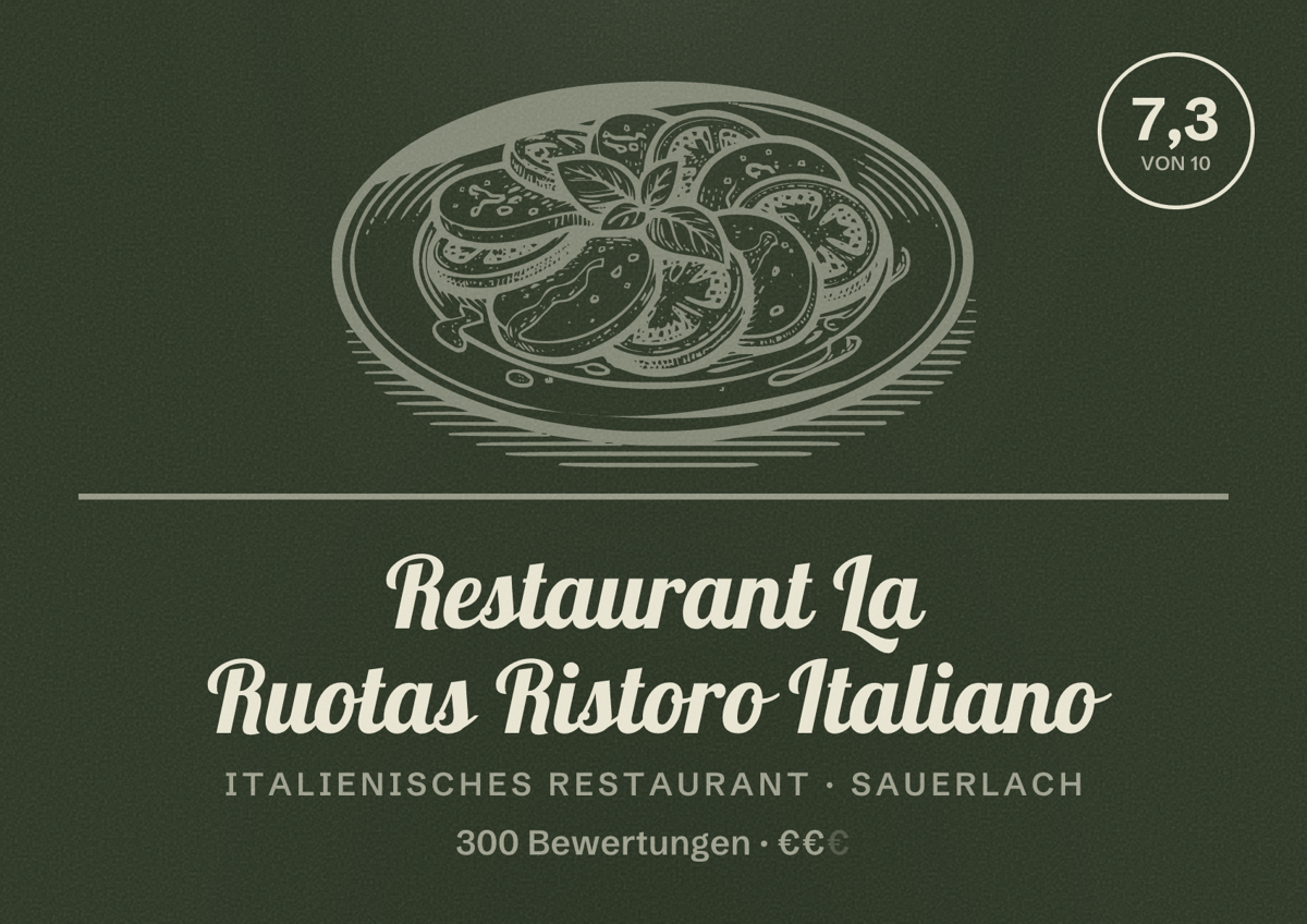 Illustriertes Poster von Restaurant La Ruotas Ristoro Italiano, Italienisches Restaurant in Sauerlach: Bewertung 7,3 von 10 aus 300 Bewertungen, Preisniveau €€